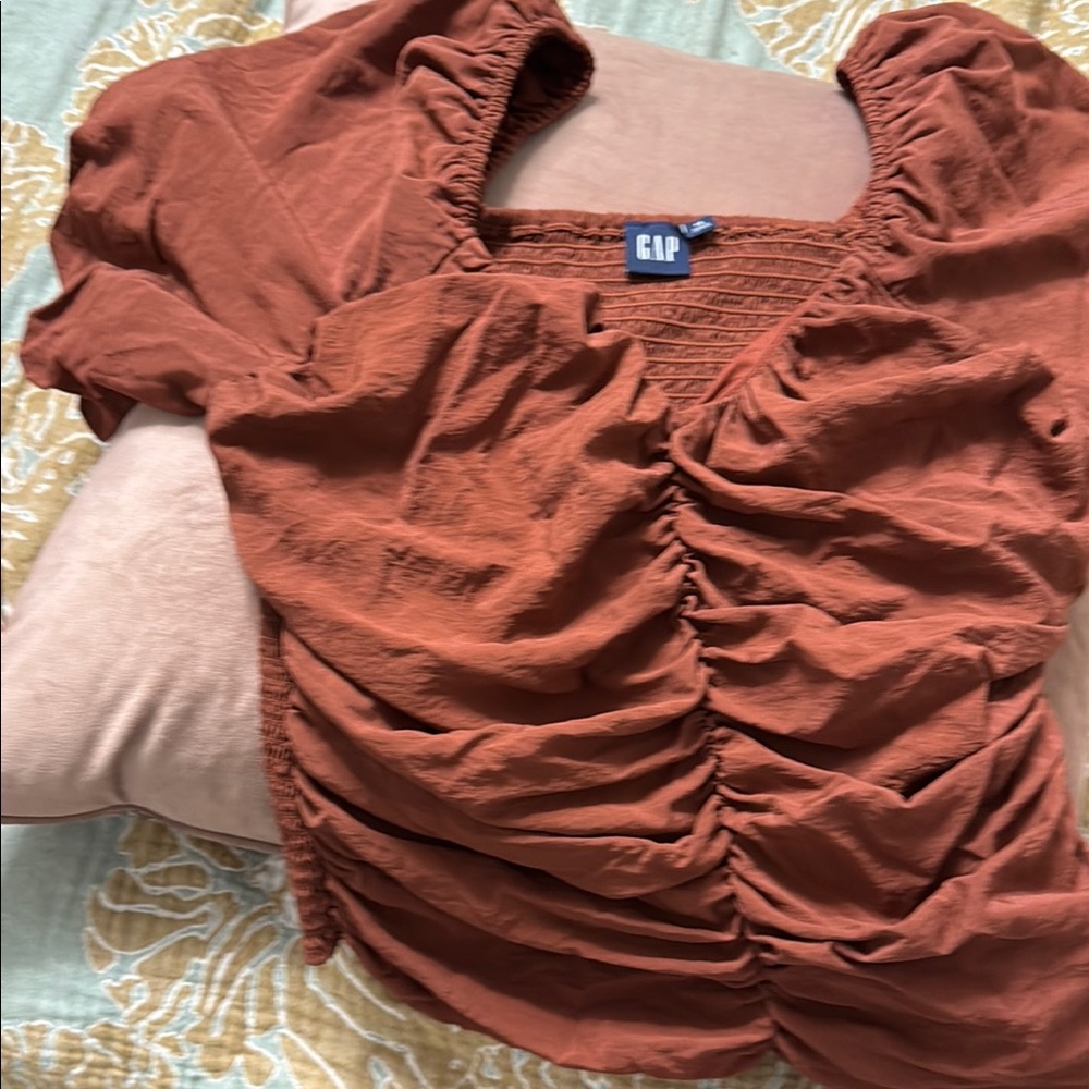 GAP Orange Brown Puff Sleeve Ruched Blouse